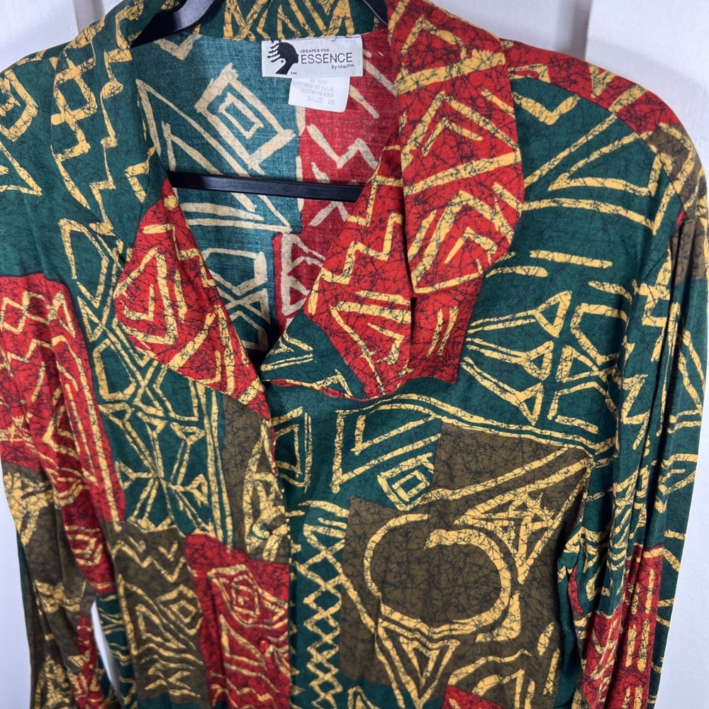 Essence Vintage Tribal Geometric Print Rayon Button Up Shirt Green Red Size 16